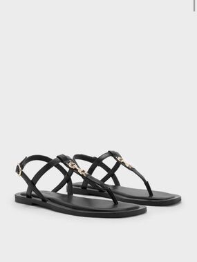 Charles & Keith Black Flat Sandals with Gold Accent